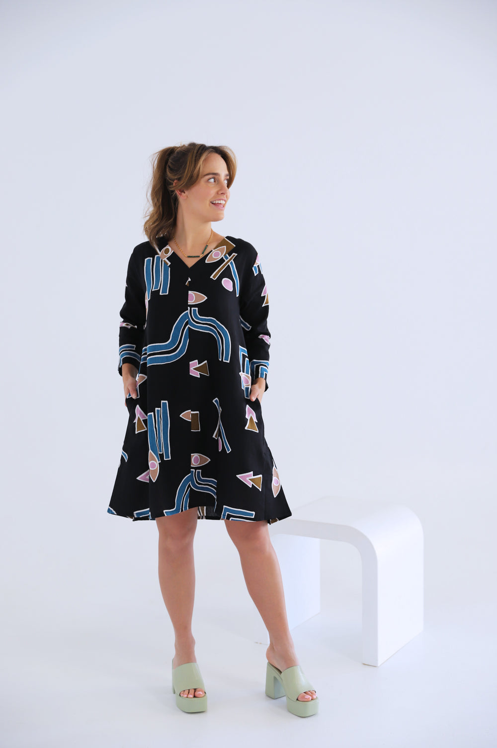 Temple Linen A-Line Dress - Black