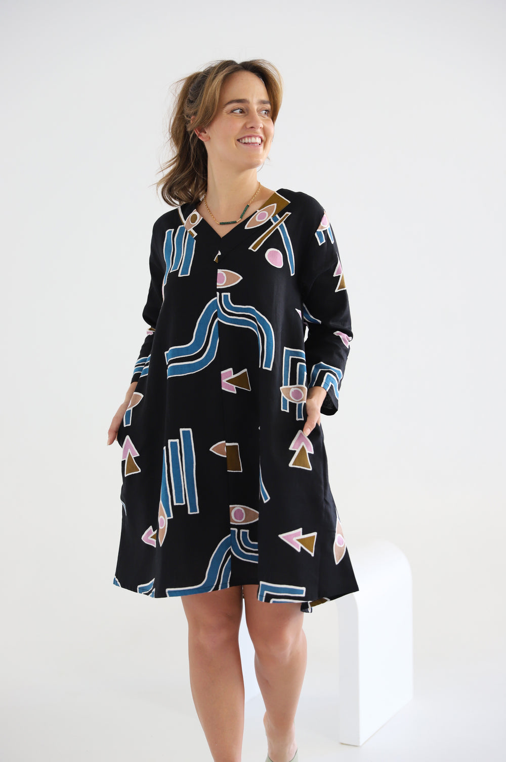 Temple Linen A-Line Dress - Black