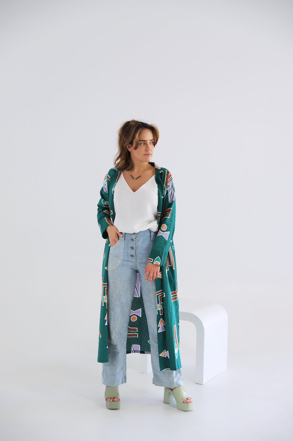 Temple Linen Duster - Emerald